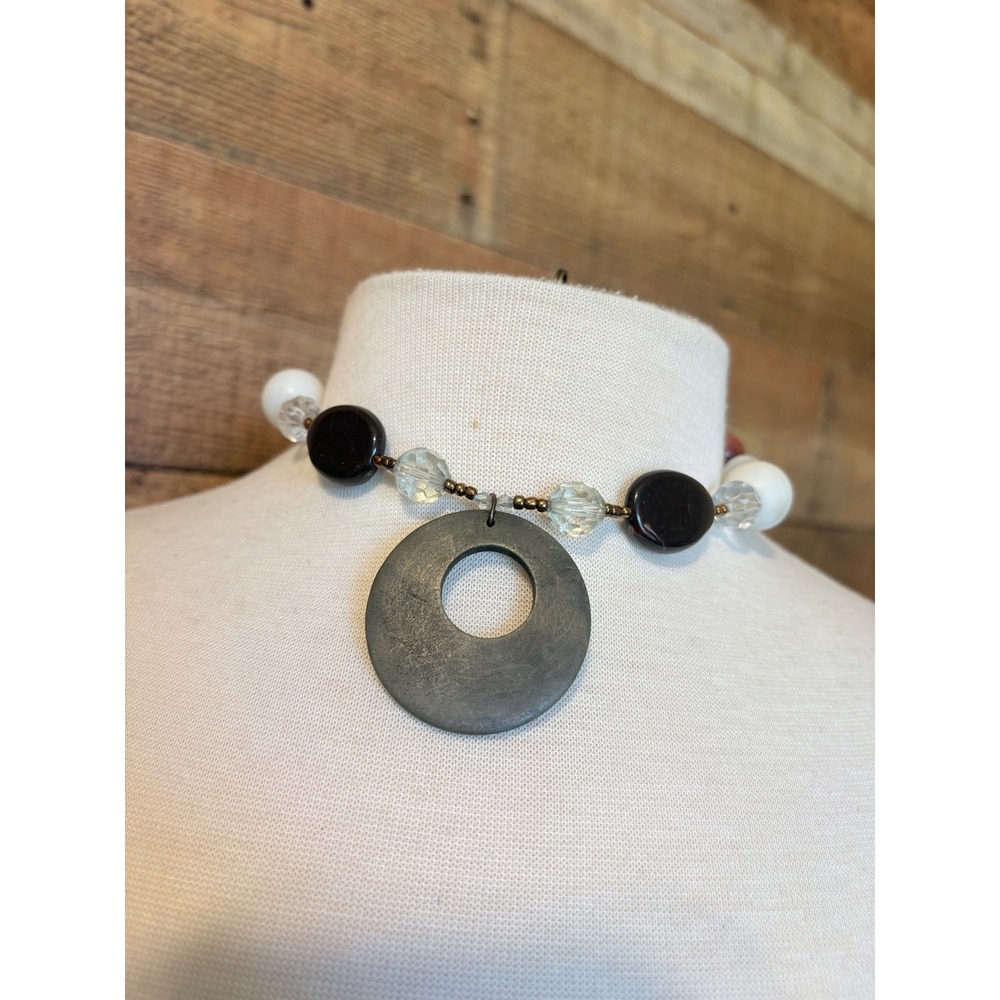 Artisan Beaded Pendant Necklace Black White Clear Wood Glass Boho Statement